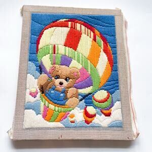 Vintage 80s Teddy Bear Hot Air Balloon Completed Crewel Embroidery 9.5x12
